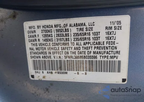 2006 Honda Odyssey Ex-L из США, поврежденный, VIN 5FNRL38686B035596